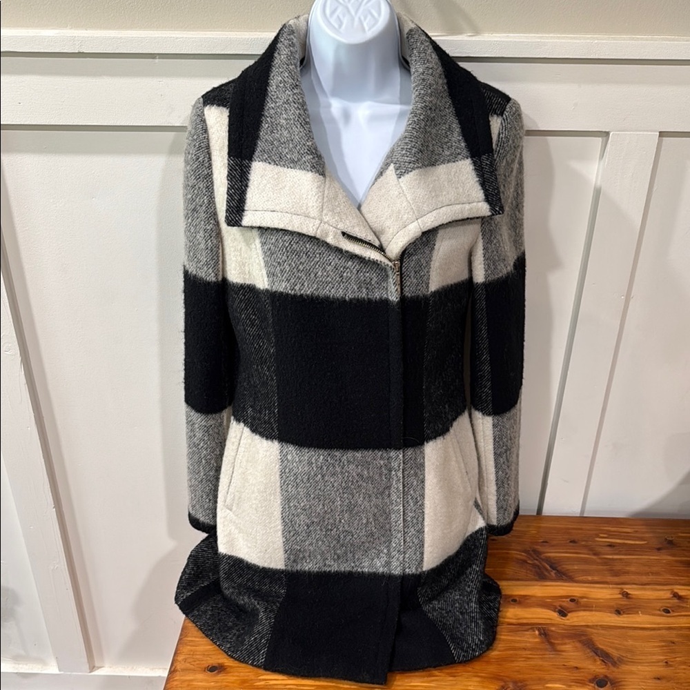 Ivanka Trump Black & White Plaid Wool Blend Pea Coat